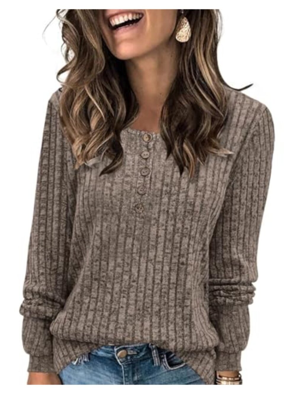 Women's Lightweight Long Sleeve Henley Tunic Sweater Button Front Casual Top